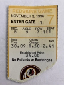Boleto de fútbol americano de la NFL 1996 Buffalo Bills vs Washington Redskins raro antiguo - Imagen 1 de 2