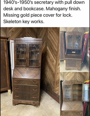 Antique  Brown Mahogany Secretary Hutch and Desk With Keys Cover