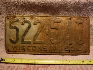 1938 WISCONSIN License Plate - Used - Picture 1 of 2