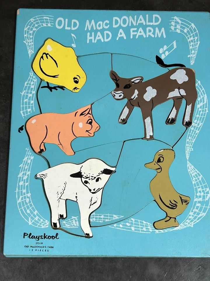 Vintage Playskool Old MacDonald Wooden 13 Pc Tray Puzzle Complete 275-19 Wood - Image 1 of 3