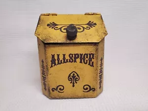 VTG ALLSPICE METAL TIN HINGED FLIP UP LID YELLOW SPICE HOLDER BOX UNIQUE CAN - Picture 1 of 9
