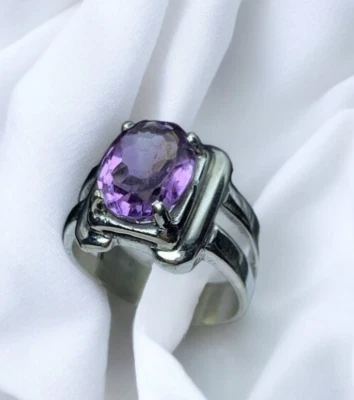 Anillo unisex de plata 925 con amatista natural para hombre y mujer piedra de nacimiento de febrero Foto 1 de 4