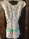 Vintage Mid Century Smock Apron, Peach Green Floral Print with pockets