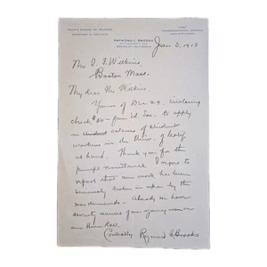1918 Rev. Raymond C. Brooks PSR Berkeley WWI Letter to Boston Ed. Society - Picture 1 of 2