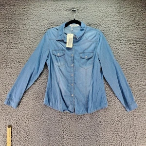 Girl Vivi Top Womens 12 Blue Chambray Denim Button-Up Shirt Long Sleeve *NWT* - Picture 1 of 8