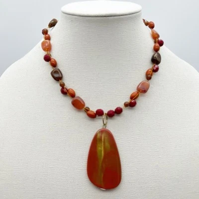 Red Orange Stone And Acrylic Bead Teardrop Pendant Fashion Necklace 17.5” - Image 1 of 4