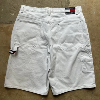 Pantalones Cortos De Colección Y2K Tommy Hilfiger Bandera Grande Parche Sueltos Skate Jean Denim Blanco 38 Foto 1 de 4