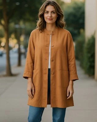 复古 Krizia 纽扣前开衫夹克女式尺寸 42/XL 烧伤橙亚麻 — 第 1/4 张图片