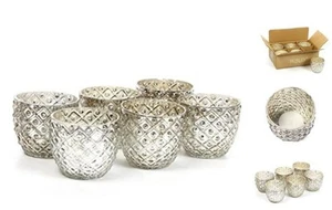  Set of 6 Metallic Antique Silver Glass Votive Tealight Farmhouse Candle  - Picture 1 of 6