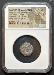 (383-408 d.C.) Impero Romano - AR Siliqua di Arcadio, NGC ChVF. - Foto 1 di 4