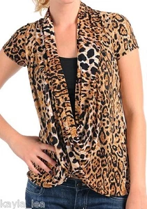 Marrón/Tostado Leopardo Cortina/Cowl Contraste Insertado Mangas Gorra S/M/L *También Negro* - Imagen 1 de 2