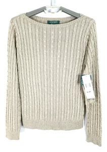 NWT RALPH LAUREN Women's Silk Sweater Cable Knitting Shimmer Gold Size P/M $149 - Picture 1 of 16
