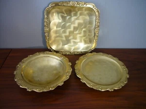 Cellini Romanesque Japan Gold Metal Serving 3 Pc Set Bowl & 2 Platters 1968 - Picture 1 of 5