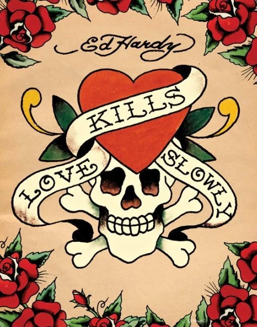 Mini Poster Ed Hardy Love Kills Slowly Tattoo Art Heart Skull And Crossbones - Image 1 of 1