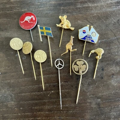 Lot of 11 Vintage Stick Tie Pins - Travel Australia Sweden Rotary Mercedes Etc - Image 1 of 4