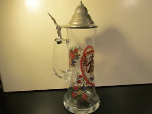 Vintage 0.5l beautiful German Hand Painted Glass Beer Stein w/ Pewter Lid - Picture 1 of 7