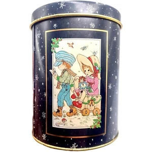 Vintage Christmas Meister Tin Can Cannister Boy Girl Black Gold Holly Hobbie 5" - Picture 1 of 15