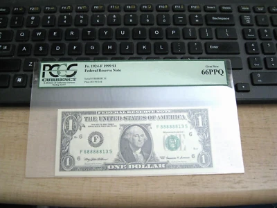 PCGS 66 Gem Unc EPQ $1 1999 FRN Atlanta Fr#1924-F  F88888813S - Image 1 of 3