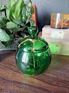 Vintage Green Glass Vanity Jar w/Lid – Gold Trim – X-Ray Green Style 6" EAPG - Picture 1 of 12
