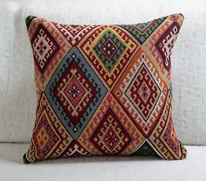 Traditional Turkish Kilim Cushion. 17x17" Square. Heavyweight Geometric Tapestry - Picture 1 of 1