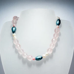 Rosenquarz Collier mit Süßwasser Zuchtperlen 47,5 cm Edelsteinkette Halskette - Bild 1 von 2