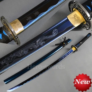 With Blue engraved "Dragon&荣誉“ Japanese Samurai Sword High Carbon Steel Katana - Picture 1 of 11