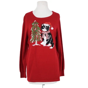 Quaker Factory Sz M Red Multi Sequin Kitty Cat With Xmas Tree Cotton Sweater - Picture 1 of 14