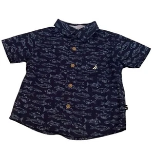 Camisa Nautica Azul Marino y Blanco Peces Escuela Manga Corta Abotonada 12 Meses - Imagen 1 de 6