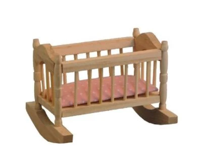 Dolls House Bare Wood Rocking Cradle Crib & Pink Mattress 1:12 Nursery Furniture - Image 1 of 4