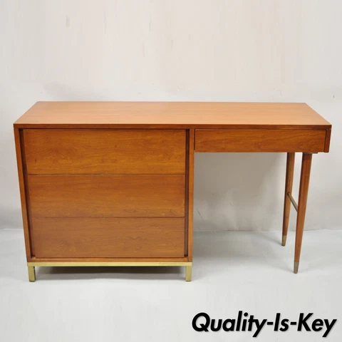 Mid Century Modern Brass Legs and Base Walnut Kneehole Writing Desk Modernist Cover