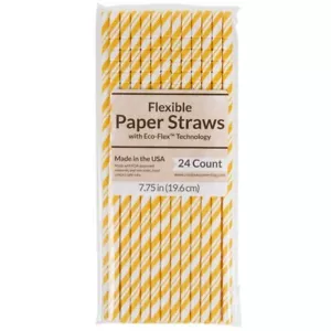 Paper Straws Yellow White Stripes 24ct 7.75" tall New - Picture 1 of 2
