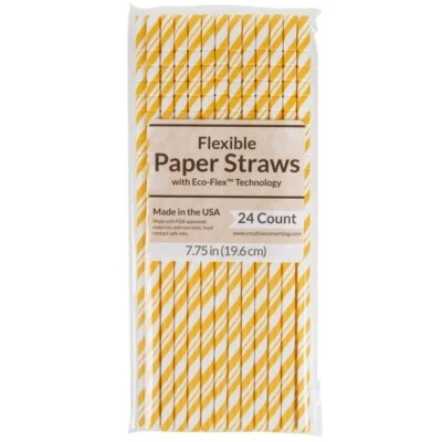 Paper Straws Yellow White Stripes 24ct 7.75" tall New - Image 1 of 2