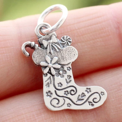 Christmas Stocking Sock Pendant Charm In 925 Sterling Silver Candy Cane Gift Box - Image 1 of 4