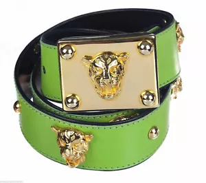 SIGNED ESCADA BRIGHT GREEN LEATHER W PANTHER GOLD TONE DETAILING-MADE IN GERMANY - Picture 1 of 5