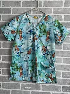 Scrub Women’s Sm No Sz Tag Blue Curious George Scrub Top Short Sleeve - Picture 1 of 5