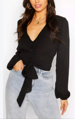 Boohoo Women's Button Through Top  Size 8  NWT  Black V-Neck Woven Tie Blouse - Image 1 of 4
