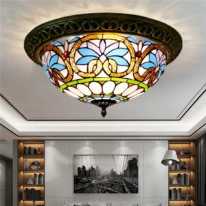 Tiffany Flush Mount Light Stained Glass Chandelier Ceiling Fixture 12'' W Round - Picture 1 of 10