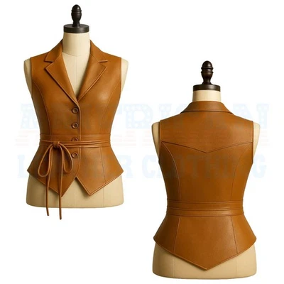 Women’s Camel Brown Leather Vest – Genuine Leather Sleeveless Blazer Waistcoat - Image 1 of 3