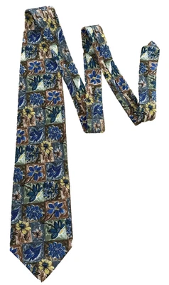 Floral Brown Boho Men’s Tie Silk Blue Flowers Structure USA 55.25" x 3 3/4" - Image 1 of 4
