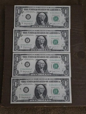 Lot of 4 1963B $1 UNC sequential order Barr notes E98438421F to E98438423F ungra - Image 1 of 3