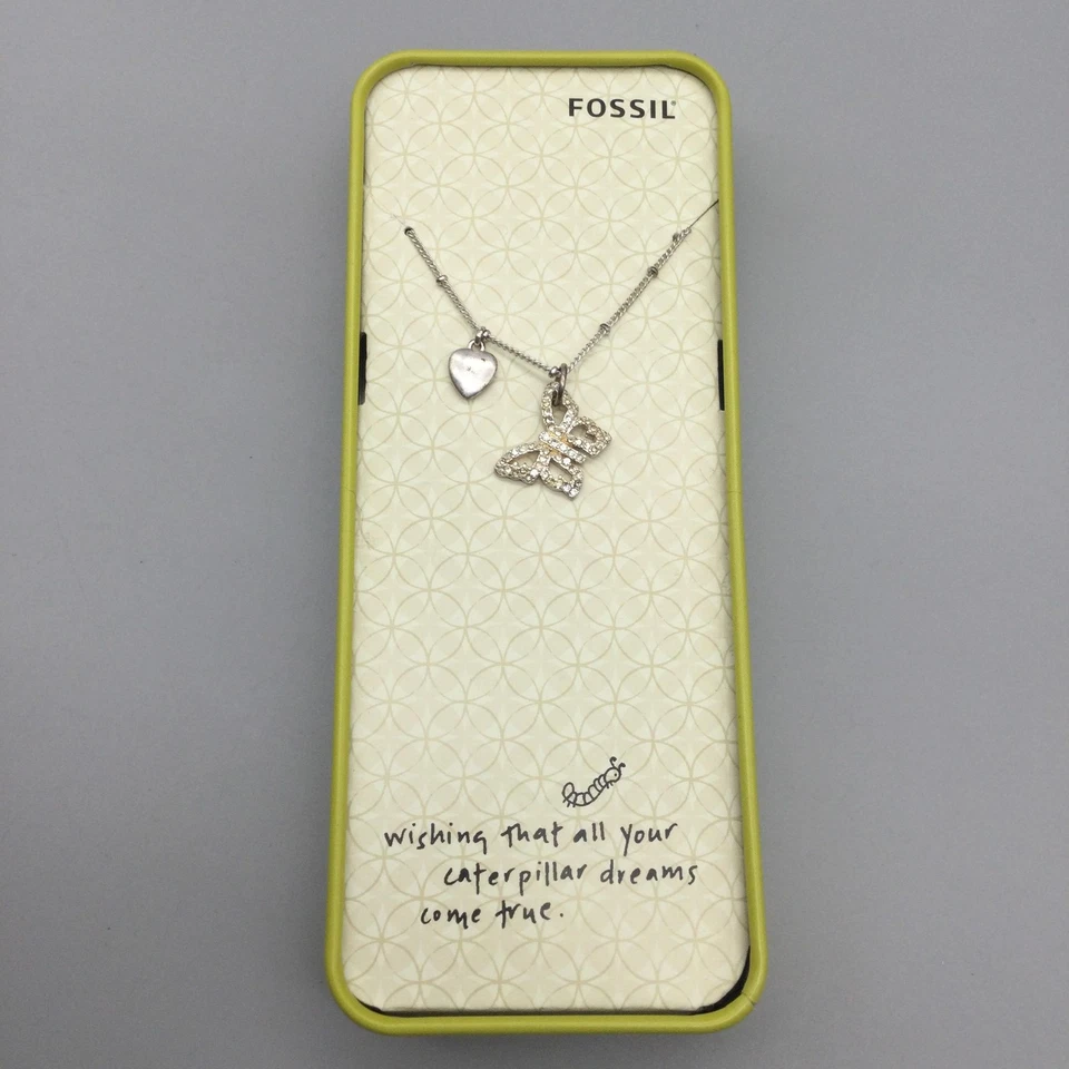 Fossil Butterfly Necklace Silver Tone Boxed Pendant Heart Charm Crystal Gift - Image 1 of 4
