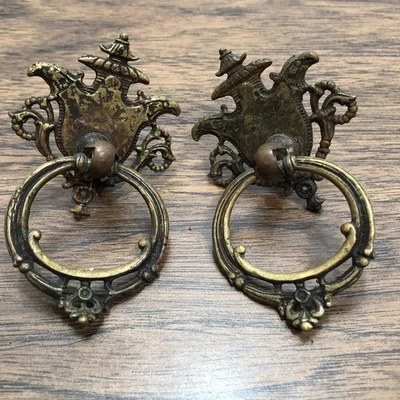 2 Vintage Brass Bronze Arco 5083 victorian drawer pull drop ring Eagle Head - Image 1 of 4