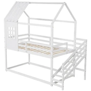 Twin House Bunk Bed w/ Stairs Roof Rails & Window Full-length Guardrails - Picture 1 of 10