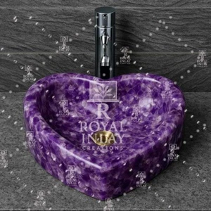 18" Heart Shaped Amethyst Crystal Sink | vanity Hand-Carved Stone Wash Basin - Picture 1 of 10