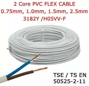 2 Core WHITE PVC Flex Cable Round Wire 0.75 1 1.5 2.5mm Sockets 3182Y / H05VV-F - Picture 1 of 4