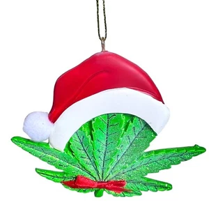 Kurt Adler Cannabis Leaf with Santa Hat Ornament Weed Marijuana Pot Resin 3.5" - Picture 1 of 9