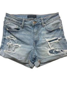 Aeropostale High Rise Midi Distressed Denim Jean Shorts Cuffed Holes Size 4 - Picture 1 of 5