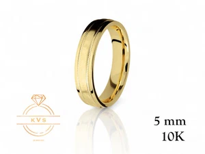 10K Yellow Gold 5mm FLAT Milgrain Edge Wedding Band Ring-Comfort Fit Hammered - Picture 1 of 10