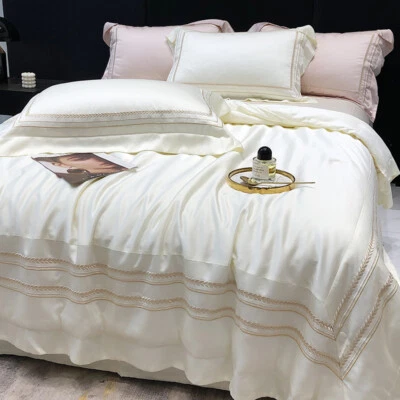 Bedding Set 4pcs Silk Cotton Embroidery Duvet Cover Flat Sheet 2 Pillowcases - Image 1 of 4