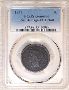 1847 großer Cent PCGS sehr schöne Details schöner Glanz gerade bewertet in neuem Halter #SB63 - Bild 1 von 4